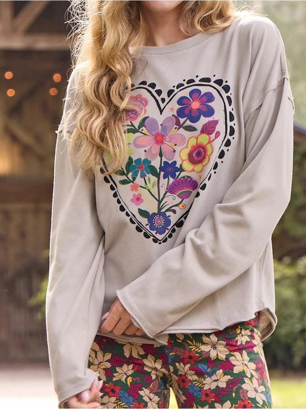 NATURAL LIFE Beige Pullover with Colorful Floral Heart Graphic